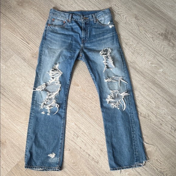 Women's Distressed Blue Straight Leg Jeans - Picture 1 of 6